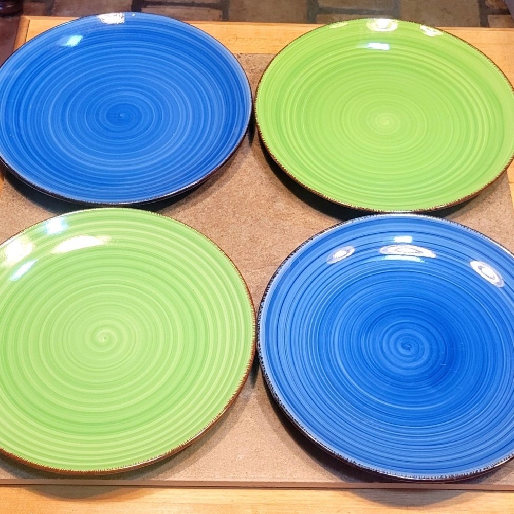 SET 4 Blue Green Vancasso Stoneware Dinner Plates Spiral Hand Painted 10.5 inch
